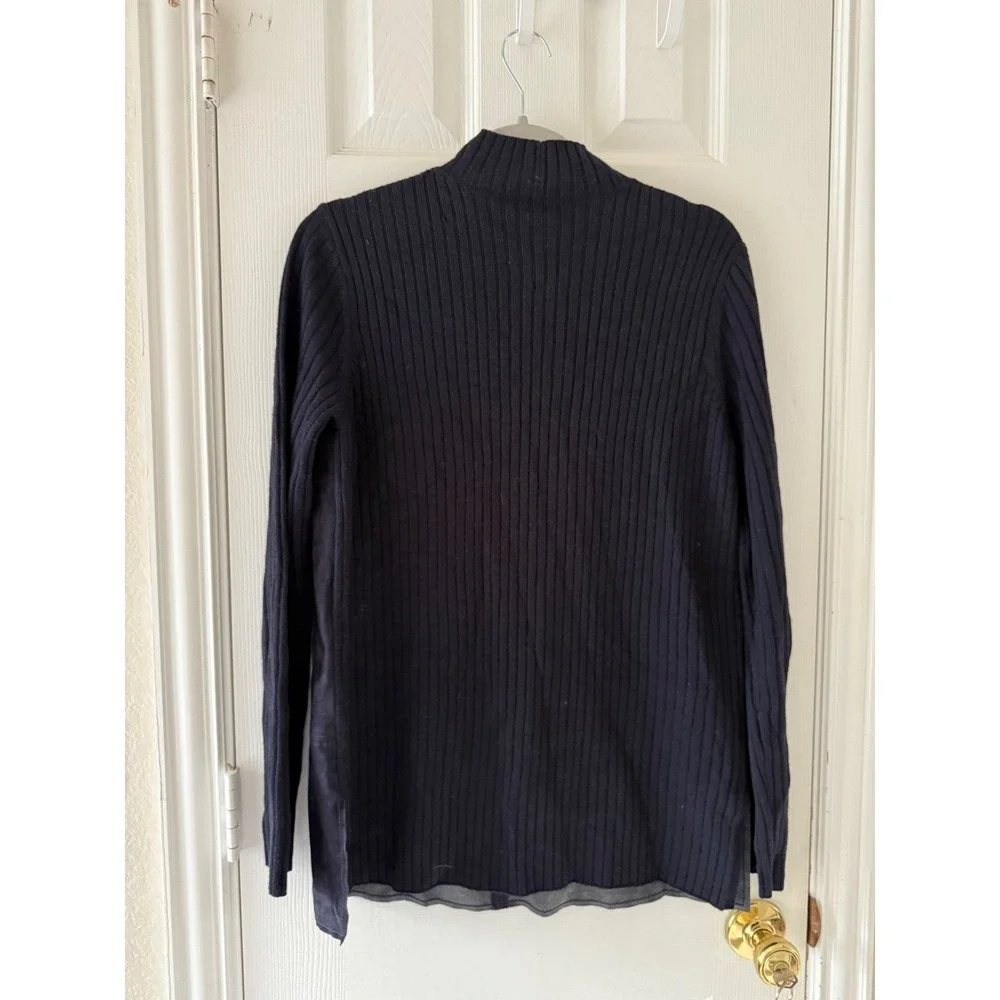 Tory Burch Molly Leather Front Merino Wool Mock Neck Sweater Navy Women's Medium